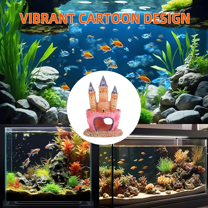 Pink Resin Aquarium Castle Decor, Fish Tank Cave Hideout for Betta Fish, Shrimp, Cichlids - Princess Style Ornament Safe for Freshwater & Saltwater Tanks, Medium Size