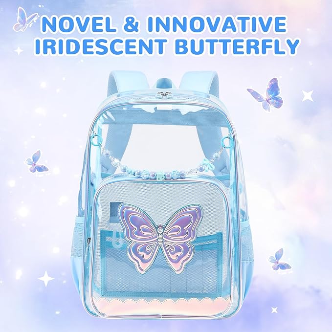 MUSEVOS Clear Backpack, Clear Bookbag for School PVC Heavy Duty Transparent Backpack for Girls, Blue Butterfly