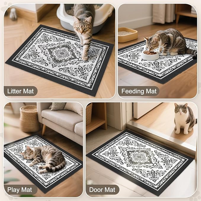 Unicorn Catcher Cat Litter Mat 24" x 15" Non-Slip Litter Box Mat Washable Litter Catcher Mat for Litter Box Indoor Food Mat Supplies Essentials, Black