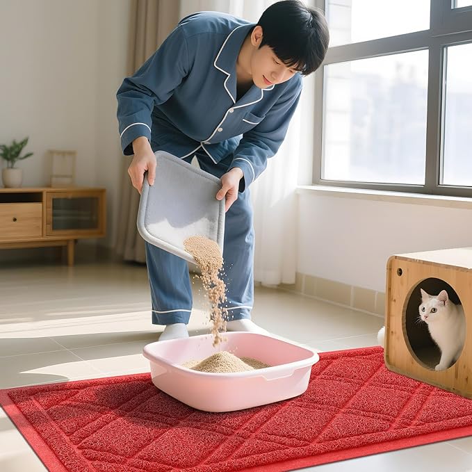 Smiry Cat Litter Box Mat 47x32, Non-Slip Water Resistant Litter Trapping Mat, Easy Clean Less Waste and Urine-Locking Cat Carpet for Indoor, Red