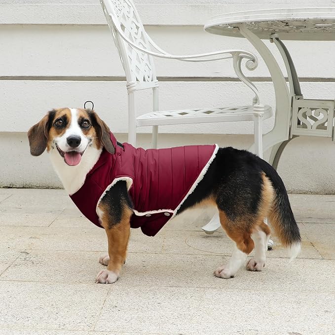 Vecomfy Fleece Lining Dog Hoodie with Harness Built in,Extra Warm Medium Dog Jacket in Winter Doggie Coats with Drawstring Hooded,Red L