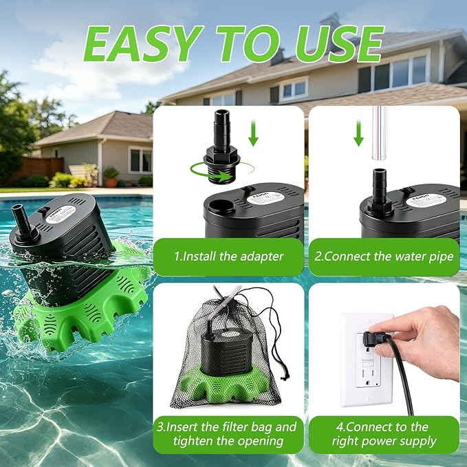 Pool Cover Pump Above Ground, 850 GPH Submersible Sump Pump for Pool Drain | 16FT Drain Hose, 25FT Power Cord, 3 Adapters, Safety and Sturdy, Powerful Water Removal for Pool Cover and Above Ground Pool