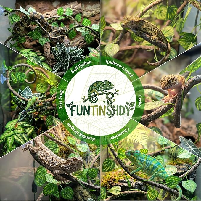 5 Pcs Reptile Plants & Habitat Decor Kit - 3 Artificial Plants & Large 3.3ft Jungle Vine Branch, TTerrarium Hanging Plants Vines for Crested Gecko, Leopard,Bearded Dragon, Lizard,Chameleon,Ball Python