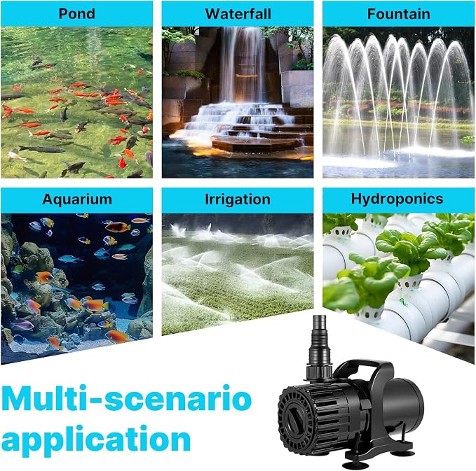Pond Pump for Fountain & Waterfall, Adjustable Flow 700-1800 GPH | 100W Submersible Water Pump, 13FT Lift, 180° Rotatable Outlet, Filter Bag & 20FT Cord, Ultra-Quiet, UL Listed