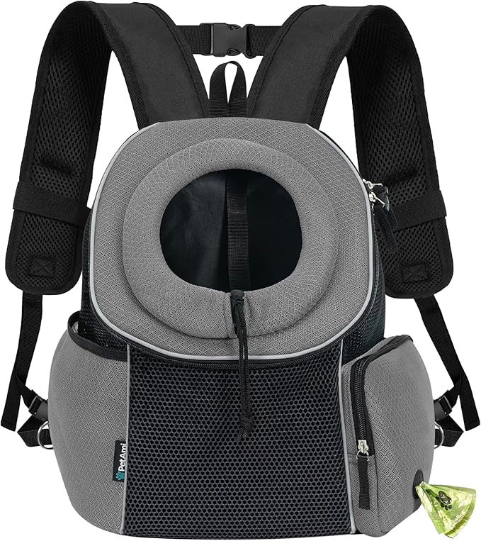 PetAmi Dog Front Carrier Backpack, Ventilated Adjustable Dog Pet Cat Chest Carrier Backpack, Dog Carrier for Hiking Camping Travel, Small Dog Puppy Medium Cat Carrying Bag, Max 14 lbs, Grey