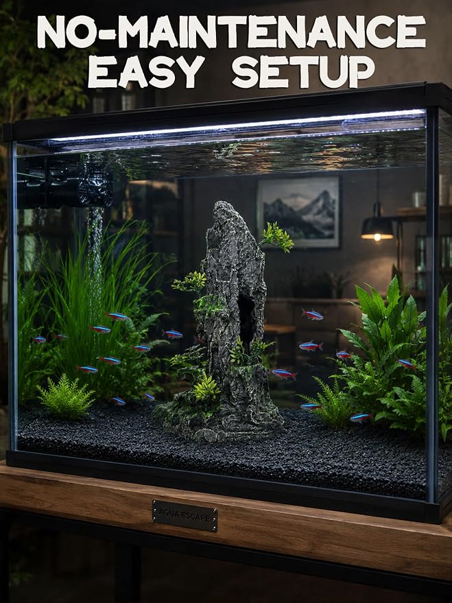 Aquarium Decor - Tall and Large Mountain Rock Ornament for Fish Tank, Aquarium Hideout with Rock Texture for Betta, Guppy, Shrimp - Safe Aquatic Decoration, Fish Hiding House(Black)