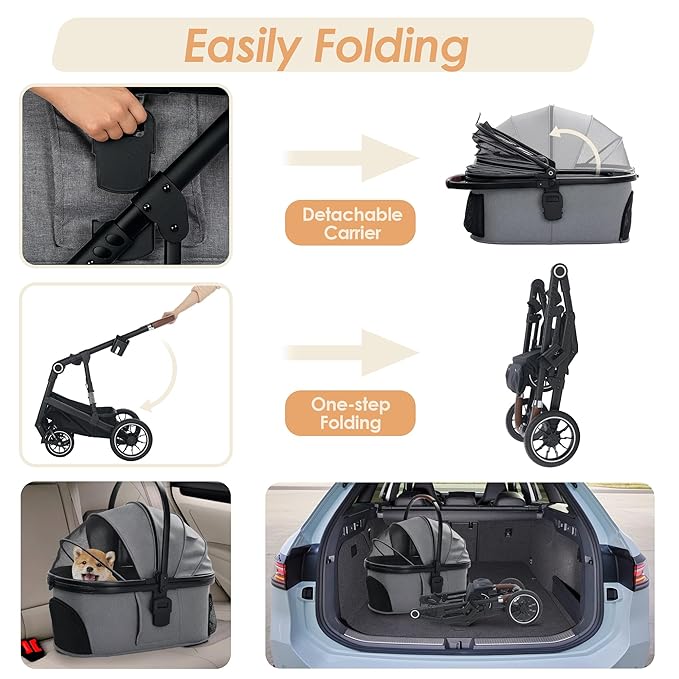 TODEFULL Pet Stroller with 4 Wheels, 3 in 1 Folding Puppy Strollers for Small/Medium Dogs Cats up to 50lbs, Lightweight Pet Travel Carrier with Detachable Cushion, Storage Basket and Cup Holder, Gray