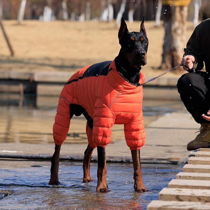 Lovelonglong Dog Coat Dog Warm Jacket, 4 Legs Covered Waterproof Windproof Reflective Warm Dog Vest, Zippered Adjustable Outdoor Dog Snow Jacket for Small Medium Large Dogs Orange L