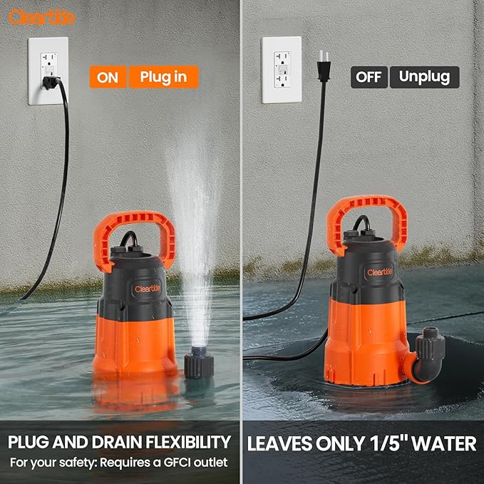 Cleartide Submersible Utility Water Pump, 1/2 HP 3060 GPH, Thermoplastic Portable Plug & Work, Ideal for Pool, Flooded Basement, Hot Tub, Pond & Garden Draining, Debris-Handling up to 3/8", 10 FT Cord