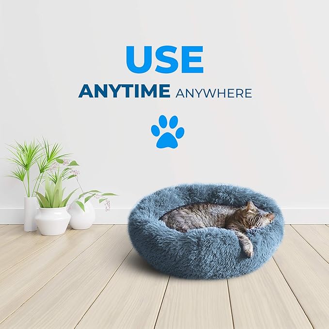 Whiskers & Friends Cat Beds for Indoor Cats, Fluffy Calming Donut Cat Bed, Small Dog Bed Washable - Orthopedic Soft Plush Pet Beds Sized for Kitten to Large Cats & Puppy to Small Dogs - Navy Grey C