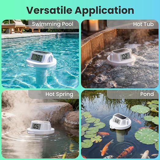 Pool Thermometer Floating, Digital Swimming Pool Thermometer, IPX8 Waterproof with Double Sided Display for Pond, Hot Tub, Aquarium (Solar Powered, White)