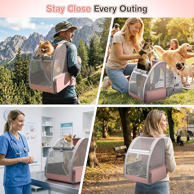 Cat Backpack Carrier Expandable for Travel: Foldable Pet Backpack with Breathable Mesh for Medium Small Dog Cat Puppy Kitten up to 15 Lbs, Cat Carrier Soft Backpack for Hiking Camping Outdoor(Pink)