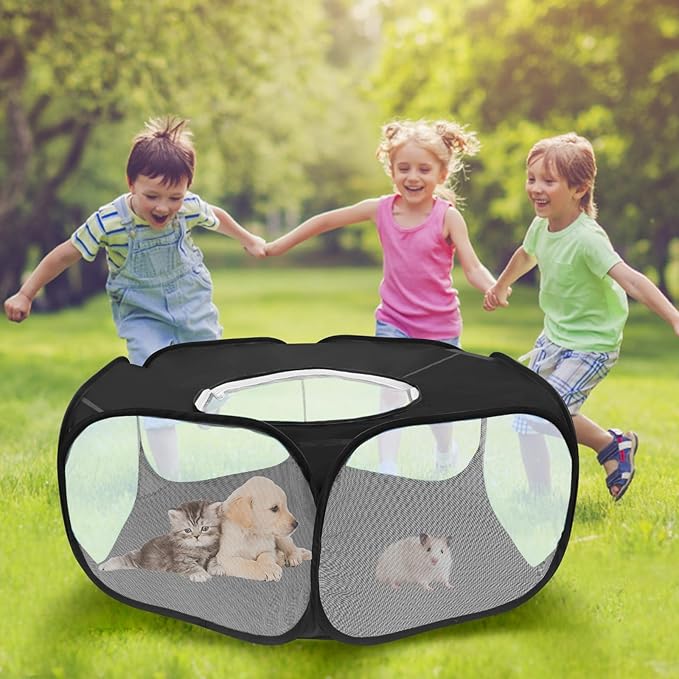 Small Animal Playpens with Top Cover, Foldable Breathable Small Pets Cage Tent Outdoor Indoor Portable Play Pen for Guinea Pig Hedgehog Hamster Cat Rabbit Bunny Puppy Ferret Rat Chicks (Black)