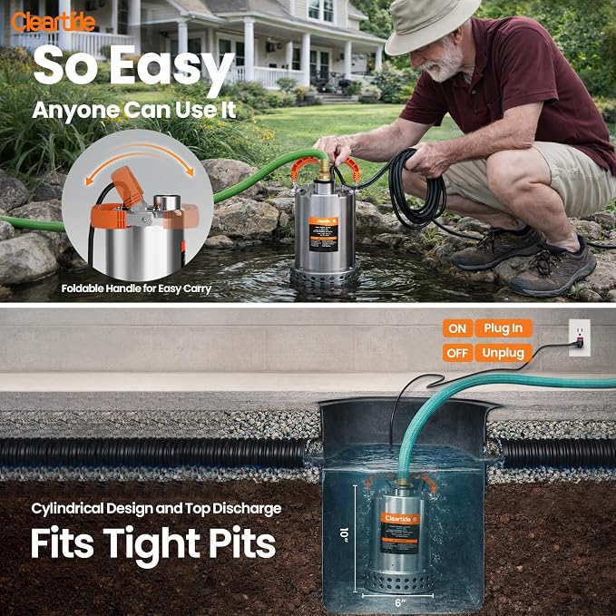 Stainless Steel Submersible Utility Water Pump, 1/2 HP 3180 GPH, Thermoplastic Portable Plug & Work, Ideal for Pool, Flooded Basement, Hot Tub, Pond & Garden Draining, 10 FT Cord