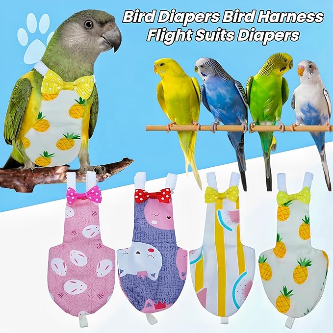 2Pcs Bird Diapers Bird Harness Flight Suits Diapers with 80 Inch Flying Leash Parrot Nappy Washable Cute Urine Wet Suit for Cockatiel Conure Macaw Budgies Parakeet-Kitten&Watermelon,M