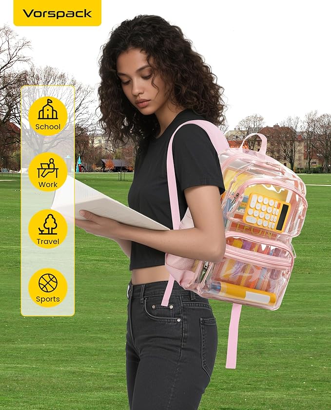 Vorspack Clear Backpack for School - Heavy Duty See Through Bookbag for Girls Boys Large Transparent Backpacks for Work, Travel - Pink