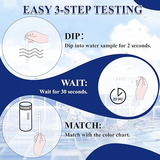 A QUILA Pool Water Test Strips Kit, 3 Way 150CT Spa Test Strips for Hot Tub | Swimming pool chemical test kit for above-ground underground pool water testing pH, Alkalinity, Chlorine