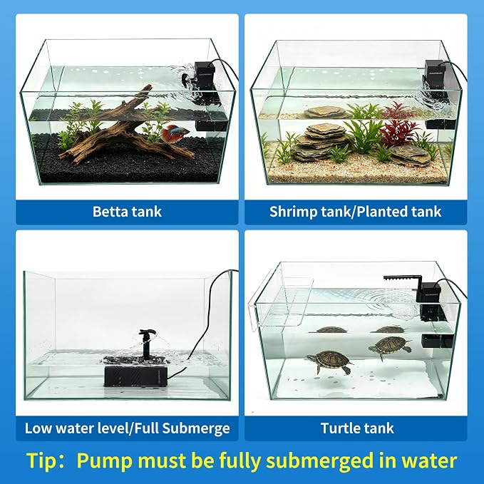5-in-1 Aquarium Submersible Filter for 3-5 Gallon Fish Tank Ultra-Quiet Small Internal Aquarium Filter, Dual Suction Cups, Multi-Function Outlet, with Reusable Filter Media 3W 80GPH