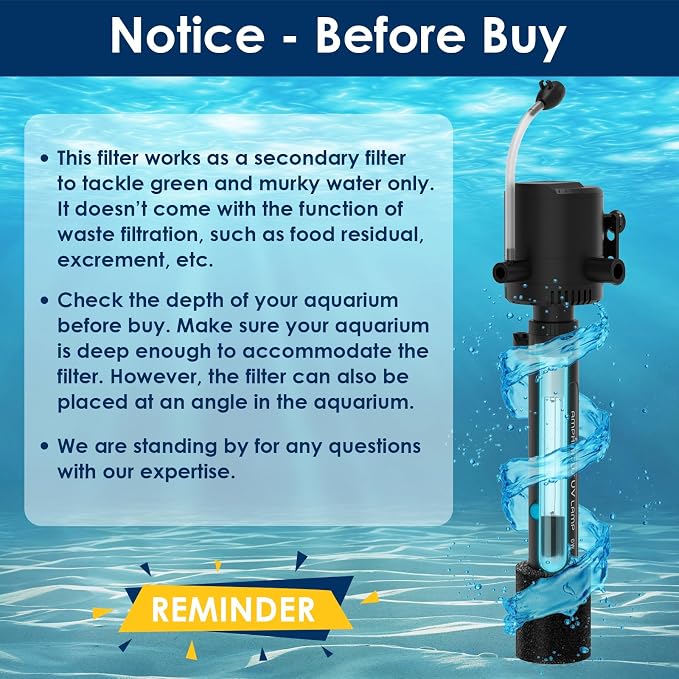 Aquarium Green Water Filter, U-V Light with Submersible Water Pump, U-V Filter with Aeration & Dual Water Outlet, 4-Speed Timer, for 40-120 Gallon Tank & Small Pond (265GPH/20W)