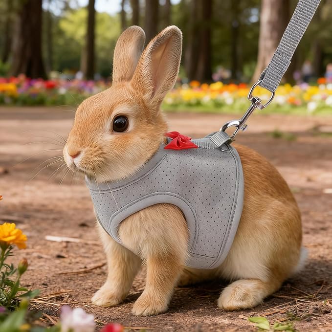 Bunny Harness and Leash Set, Escape Proof Rabbit Harness,Soft Breathable Mesh Rabbit Harnes with Bow and Metal Buckles for Rabbits, Kittens, Ferrets, Guinea Pigs,Pet Walking Gear