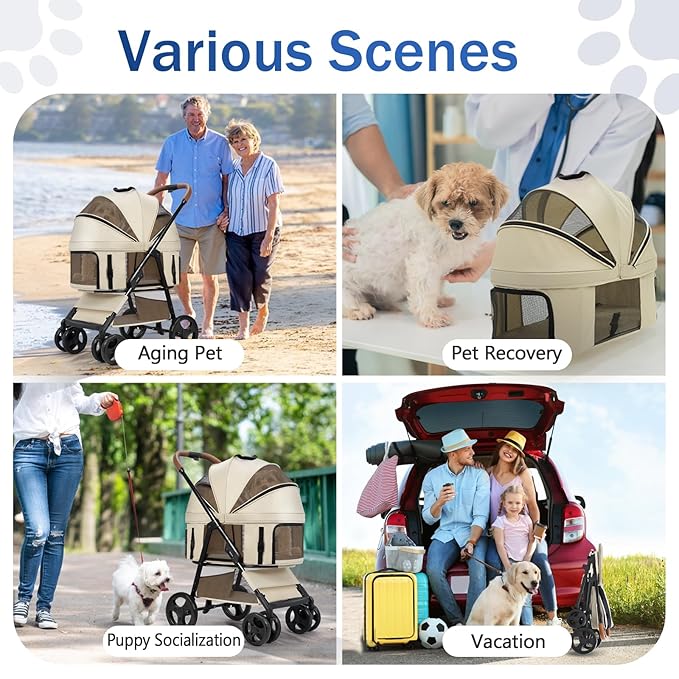 4 Wheels Pet Stroller for Small/Medium Dogs and Cats,Dog Stroller with Detachable Carrier and Storage Basket,One Click Folding,Compact Portable,Up to 50lbs,3 in1 Multifunctional(Khaki)