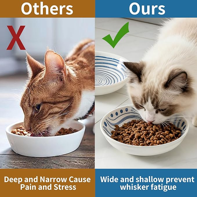 3 Ceramic Cat Bowls,5.5 inch Wide Shallow Cat Food Bowl for Relief Whisker Fatigue B Style