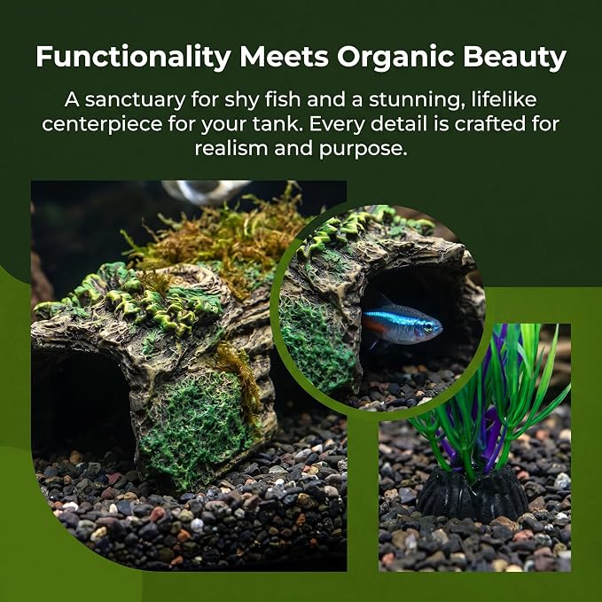 Resin Hollow Tree Trunk Betta Log Cave 1pcs with Aquarium Plants x 8pcs - Fish Tank Decorations for Betta Fish, Small Fish & Shrimp, Aquarium Ornament Hideout