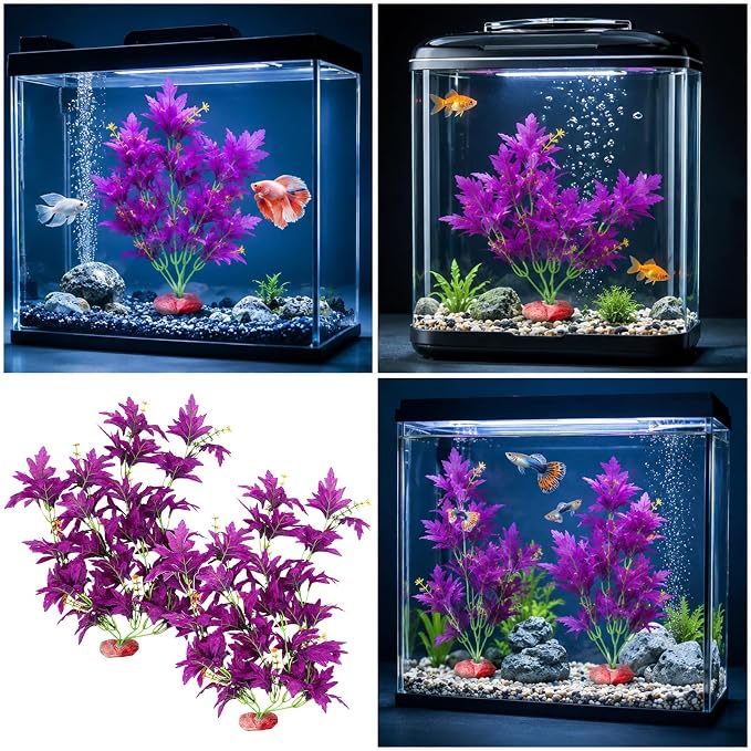 Silk Aquarium Plants 18 Inch Artificial Silk Plants for Fish Tank | 2 Pcs Aquarium Decor Beta Fish Tank Decor Aquatic Water Grass Decoration for Betta Fish Tank (Purple)