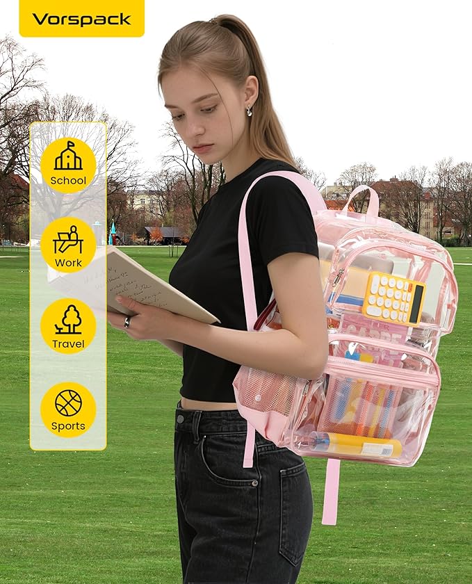 Vorspack Clear Backpack for School - Heavy Duty See Through Bookbag for Girls Boys Extra Large Transparent Backpacks for Work, Travel - Pink