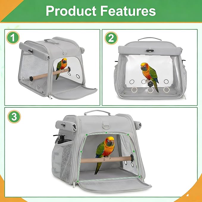 Small Bird Carrier Travel Cage, Portable Bird Cages Bag with Standing Perches for Parrots, Breathable Birds Backpack with Transparent Window for Parakeet Cockatiel Budgies, Grey