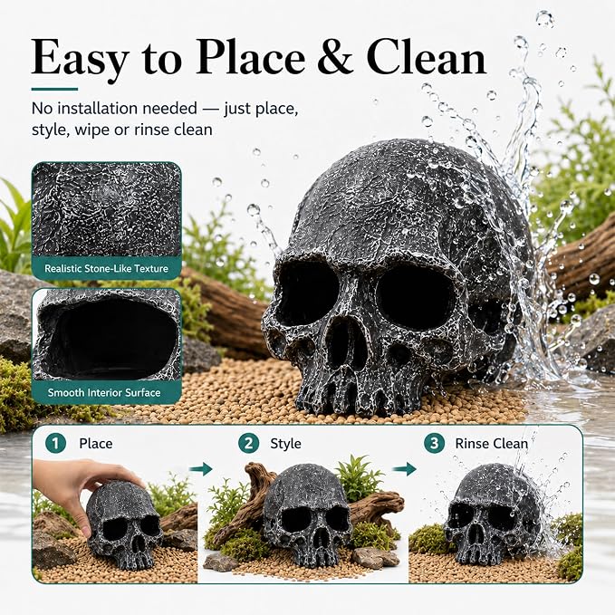 Skull Terrarium Decor Reptile Hideout for Tank (Black) | Realistic Resin Skull Hideouts,Decorative Skeleton Head Caves for Betta Fish Juvenile Ball Python Gecko Tarantula