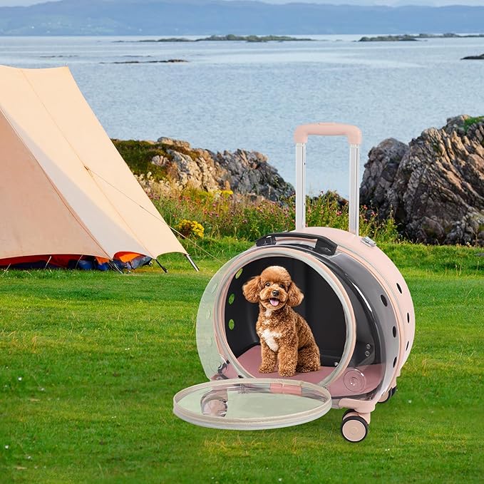 Cat Carrier with Wheels, Breathable Cat Rolling Carrier with Telescopic Handle, Bubble Cat Backpack Carrier, Pet Travel Bag for Small Dogs Pets, up to 19lbs, 15.7" x 10.6" x 17.7" (Pink)