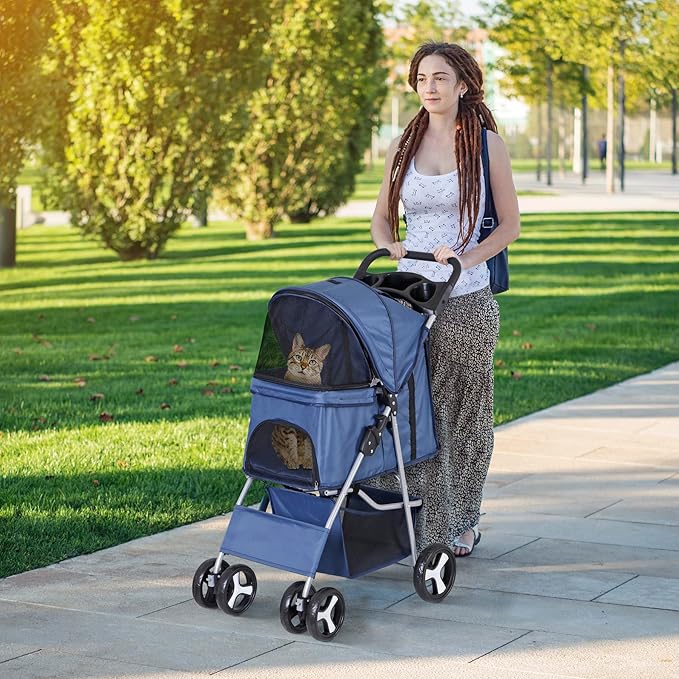 4 Wheels Dog Stroller Folding Pet Strolling Cart for Small Medium Cats Puppies Portable Jogger Travel Camping Puppy Carrier with Storage Basket Cup Holder, Navy Blue