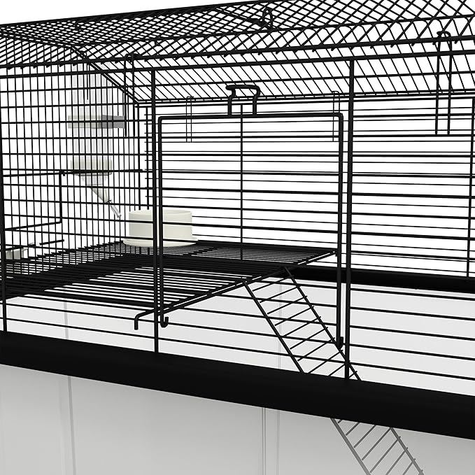 PawHut Hamster Cage, Gerbil Cage 2 Tier with Wheels, Deep Bottom, Ramp, Food Dish, Water Bottle, for Dwarf Hamster, 57 x 43 x 57cm - Black
