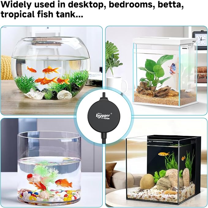 hygger 1.5 Watt Mini Aquarium Air Pump, Quiet Aerator with Air Stone Tubing Suction Cup Clip, Small Fish Tank Bubbler Oxygen Pump for 1 to 15 Gallon Betta Tank, Fish Bowl, Desk Small Tank