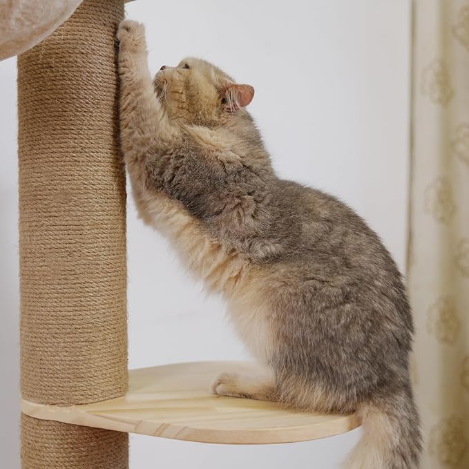 Floor to Ceiling Cat Tree Height (50-120.5in) Adjustable Cat Tower 5 Tier Hemp Scratching Post High Cat Tree Sturdy Activity Tree Indoor Outdoor Cat Scratching Post Activity Center