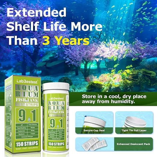 Aquarium Ammonia Test Strips Kit Fish Tank Test Strips (9-Way) | Pond Water Testing Kit for Freshwater Saltwater - Rapid Accurate Easy to Test Carbonate, Nitrate, Nitrite, Ammonia and More