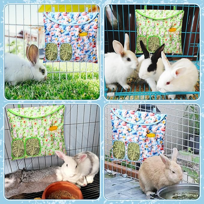 UPINS 2 Pack Hay Bag for Rabbits 2-Hole Hanging Hay Feeder Guinea Pig Hay Bags, Hay Feeder for Rabbits Chinchillas Hamsters Small Pets and Animals