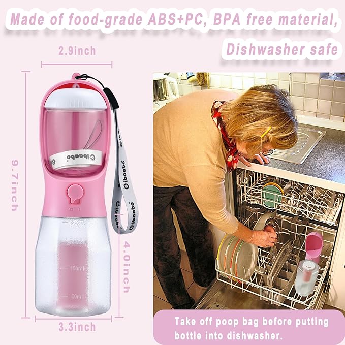 Cibaabo Dog Water Bottle with Food Container & Poop Bag Holder, Travel Water Bowl, Portable Pet Dispenser, Girl Dog Mom Gifts Accessories Stuff Essentials Gift for Yorkie Chihuahua Walking Hiking