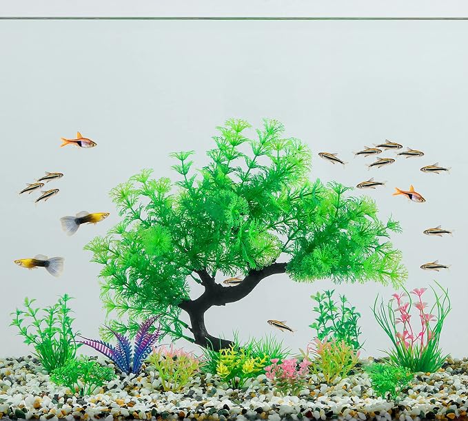 MyLifeUNIT Fish Tank Decorations, 15 Pack Artificial Aquarium Plants Tree Set for Fish Tank Decor (Green Set)