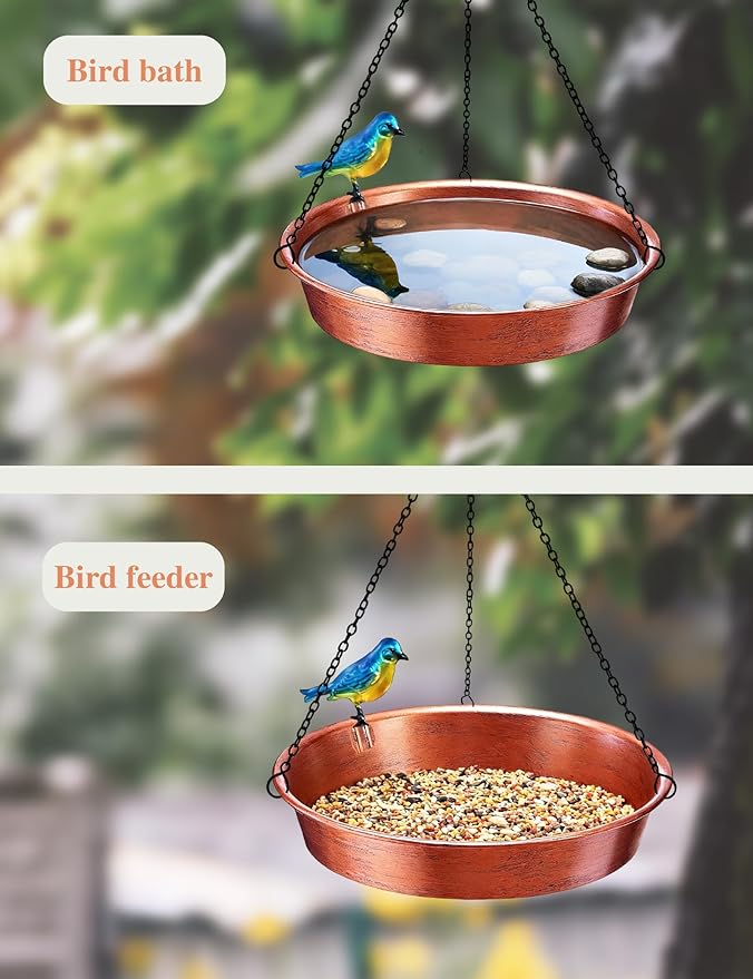 Hanging Bird Bath for Outside, 11.5” Antique Copper Metal Birdbath Bowl & Feeder with Black Chain for Outdoor Garden Yard Decor (0.7 Gallon)