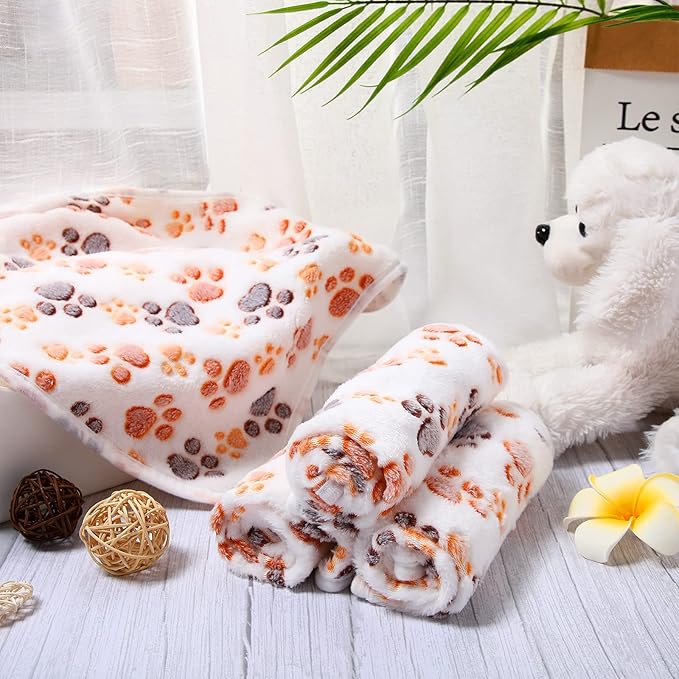 Tatuo 4 Pack Fleece Dog Blankets for Puppy Cats Multi-Size Sleep Mat for Pet Guinea Pig Soft Washable Warm Crate Bed Puppy Teething Toys Print Pattern Blanket Indoor(White,24 x 16 Inch,Paw)