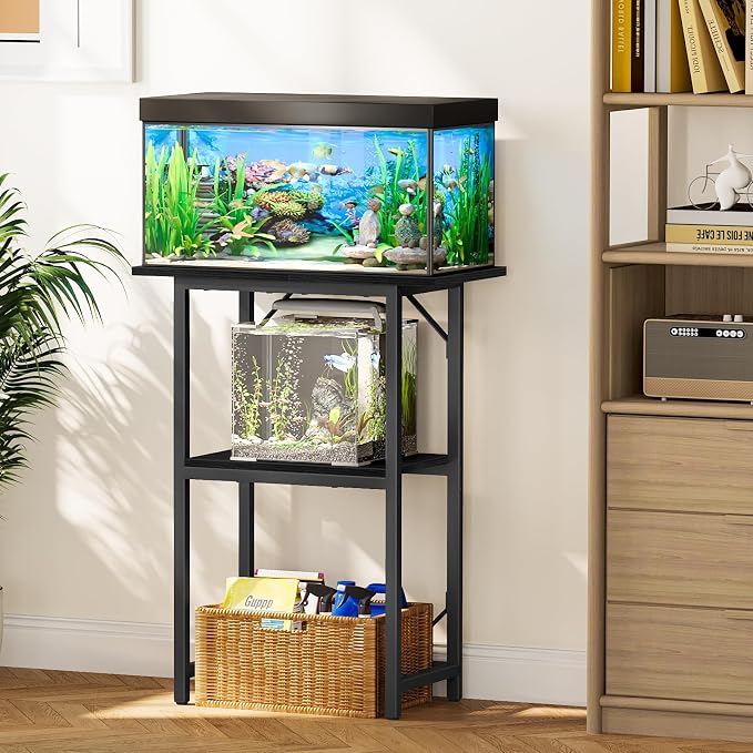 Snughome 10-20 Gallon Fish Tank Stand, Aquarium Stand 2-Tier Storage Shelves, Heavy Duty Terrarium Stand for Home Office Fish Tank Shelf, 24" L x 11.81" W x 30.71" H, Black