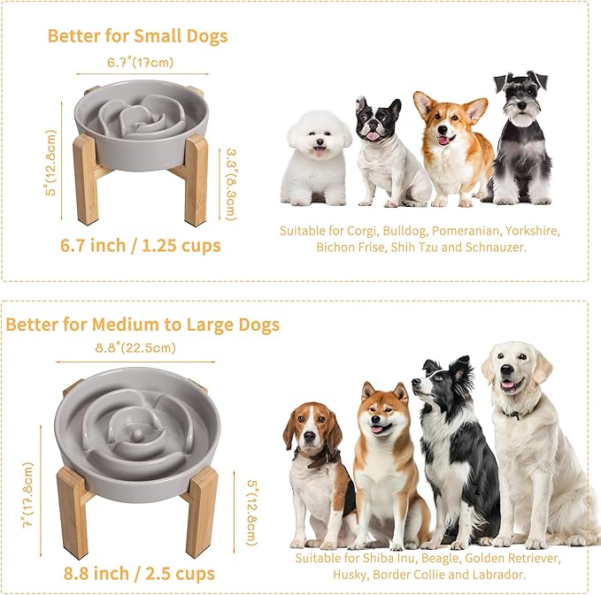 Elevated Slow Feeder Dog Bowl Large Breed, 8.8 Inch Ceramic Slow Eating Bowl with Bamboo Stand, Anti-Choking Raised Maze Design for Medium to Large Dogs, 3.2 Cup, Grey