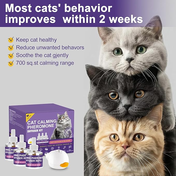 Cat Pheromone Calming Diffuser Starter Kit, 1 Plug-in Diffuser & 3 Refills (48ml Each), Up to 90 Days Supply, Helps Reduce Scratching, Urine Marking & Stress, for Multi-Cat Homes & New Environments