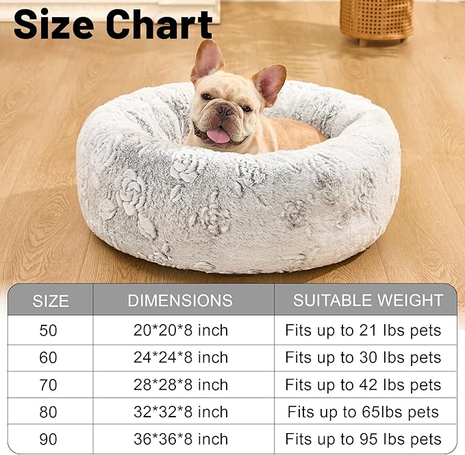 Dog Calming Beds for Small Medium Large Dogs - Round Donut Washable Puppy Dog Bed, Anti-Slip Faux Fur Fluffy Donut Cuddle Anxiety Cat Pet Bed (36" Rose)