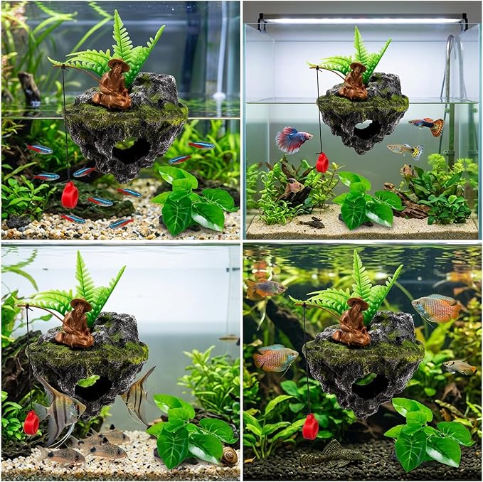 Aquarium Floating Island Decoration, Ornaments Betta Leaf pad Hammock 6inch Plastic Artificial Plant Goldfish Fish Hides Small Tank/Reptiles Plants Driftwood for Betta, Guppy & Shrimp