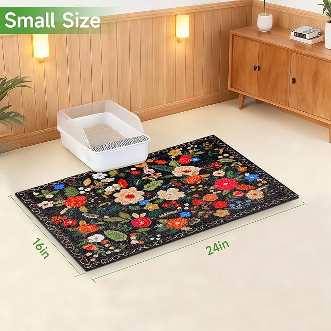 Cat Litter Mat, 24" x 16" Litter Box mat, Traps 100% Litter, Non-Slip Kitty Litter Trapping mats, Small Cute Litter mat, Easy Clean for Scatter Control, Bohe cat Food mat, Urine Waterproof