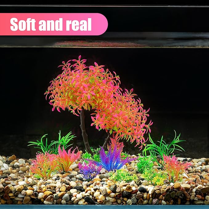 AQUANEAT Artificial Aquarium Plants, Fish Tank Pink Tree Decoration Set, Plastic Accessories, 11pcs