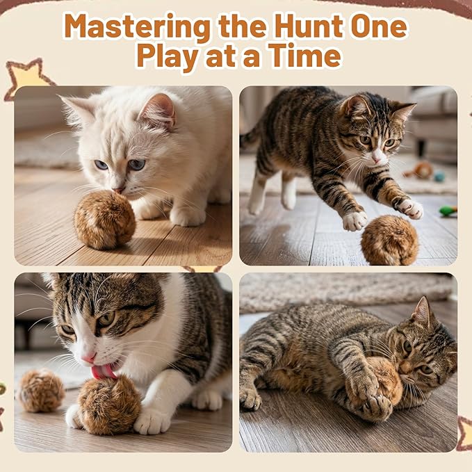 Rabbit Fur Ball Cat Toy, Indoor Exercise Enrichment, Premium Catnip Infused Rabbit Fur Balls for Cats, Washable Cat Toy, Multi-Cat Household Activity, Boredom Relief and Bonding Aid